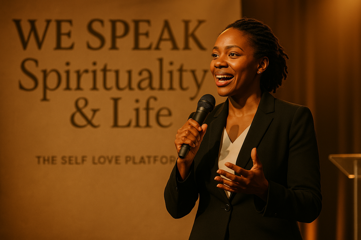 a black woman speaking on stage, titled "We Speak, Spirituality & Life". Should have the logo on www.theselfloveplatform.com