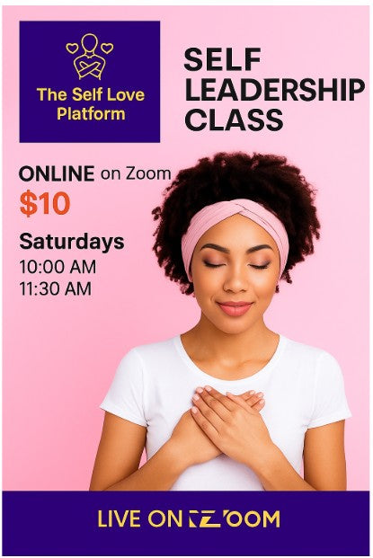 Advertisement for a self leadership class on Zoom with a woman on a pink background.
