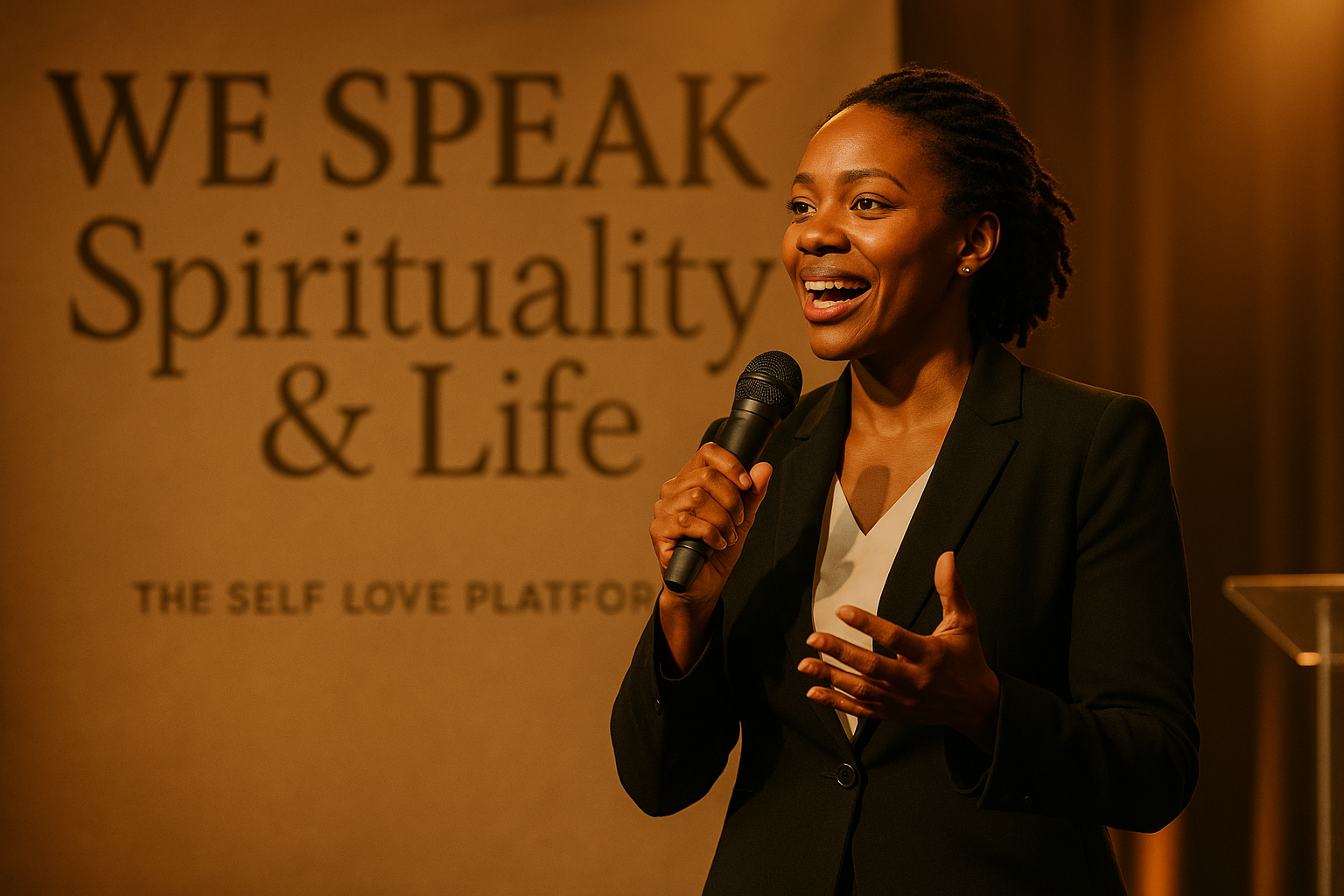 a black woman speaking on stage, titled "We Speak, Spirituality & Life". Should have the logo on www.theselfloveplatform.com 